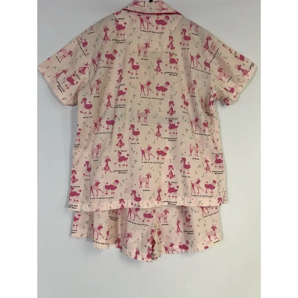 PJ Salvage Pink Poodle Dog Print Pajama Set Small Shorts Button Up Top - Picture 2 of 14